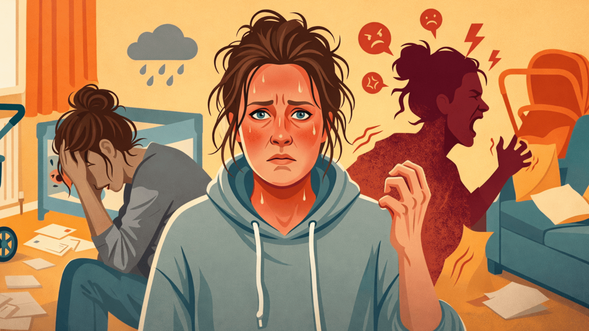 Illustration of distressed postpartum mother with overwhelmed, crying, and angry expressions in home setting with baby crib and clutter