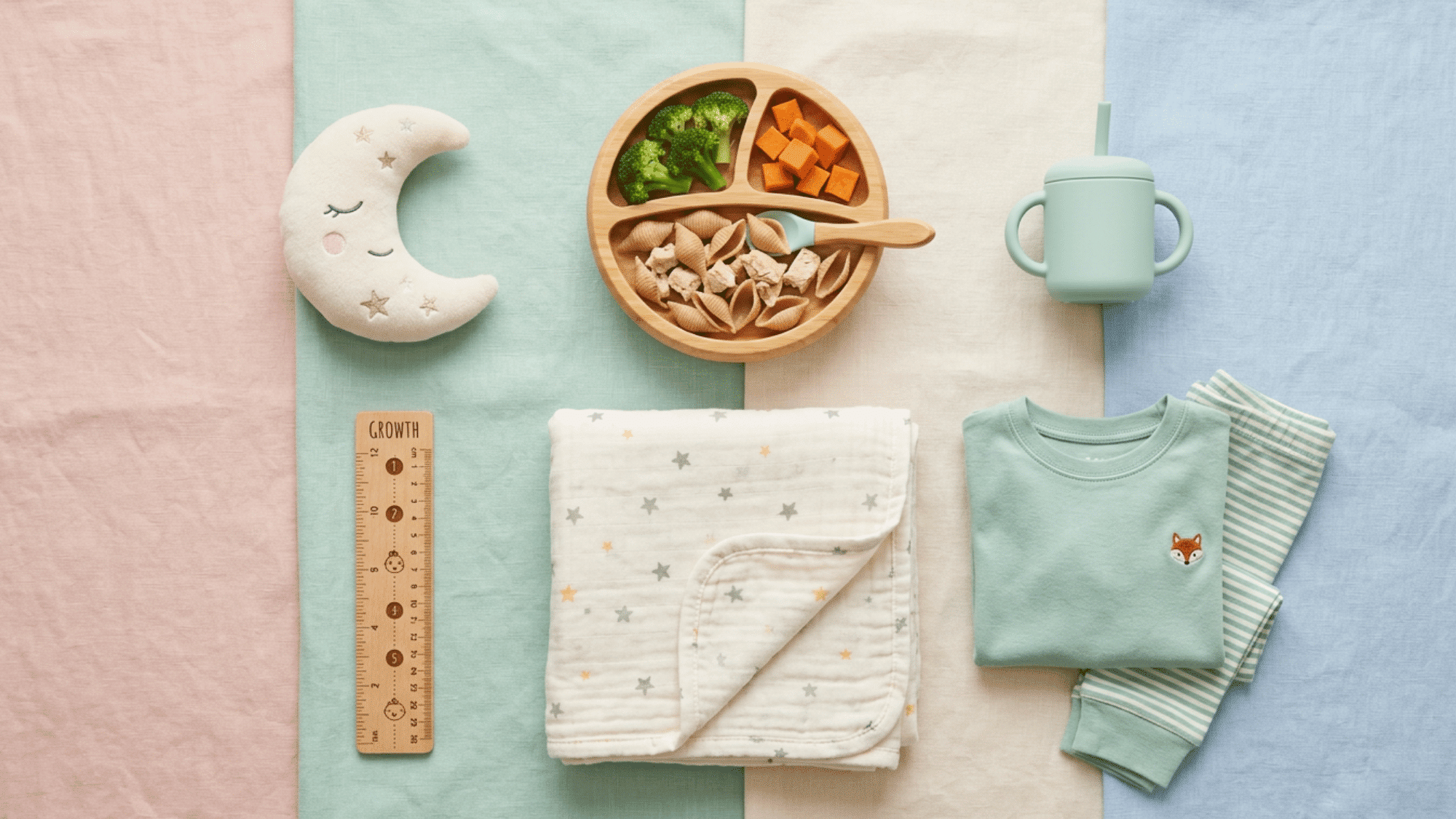 Illustration of food, sleep, and comfort items supporting toddlers during growth spurts.