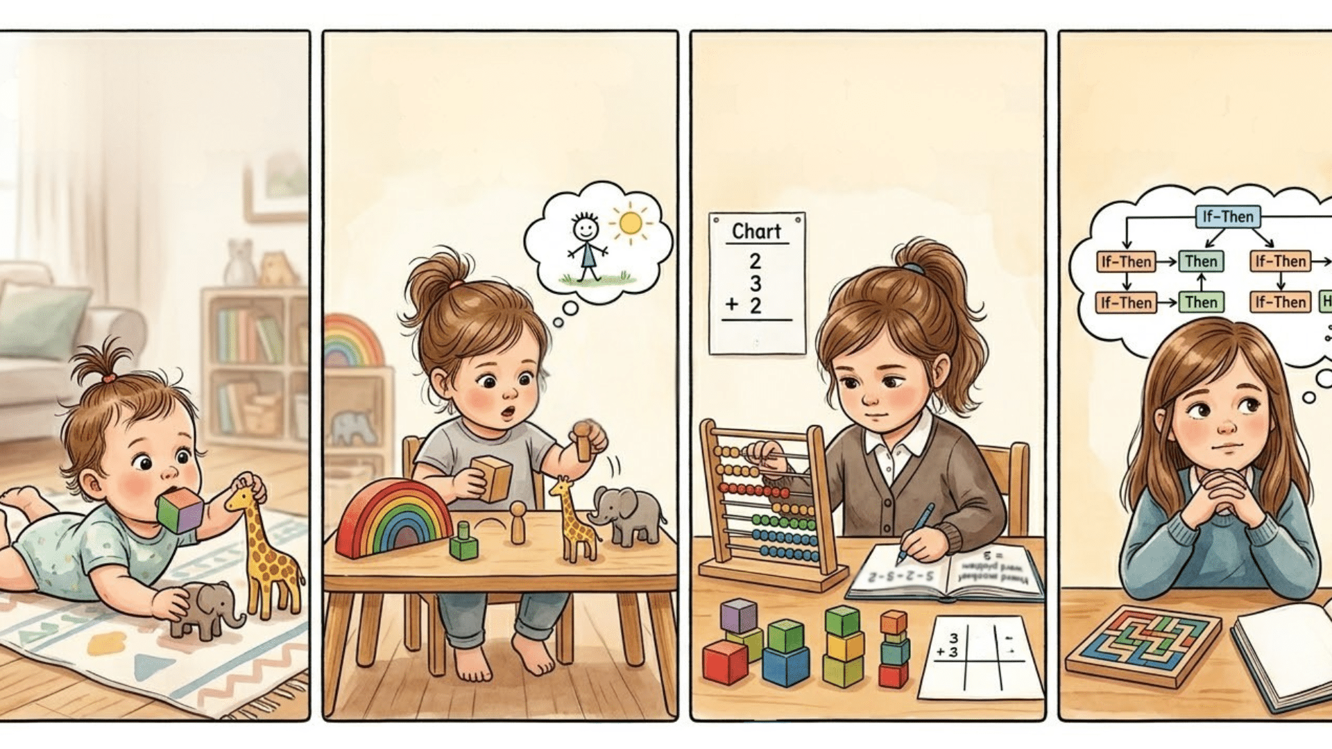 Illustration showing stages of cognitive development from infancy to school age children