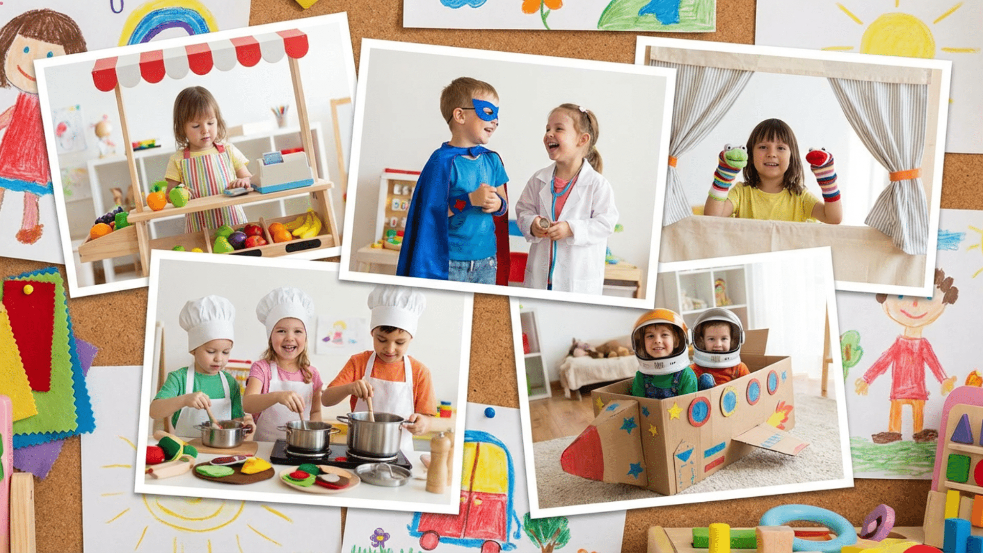Imaginative play activities for toddlers including dress-up games, puppet shows, and pretend stores