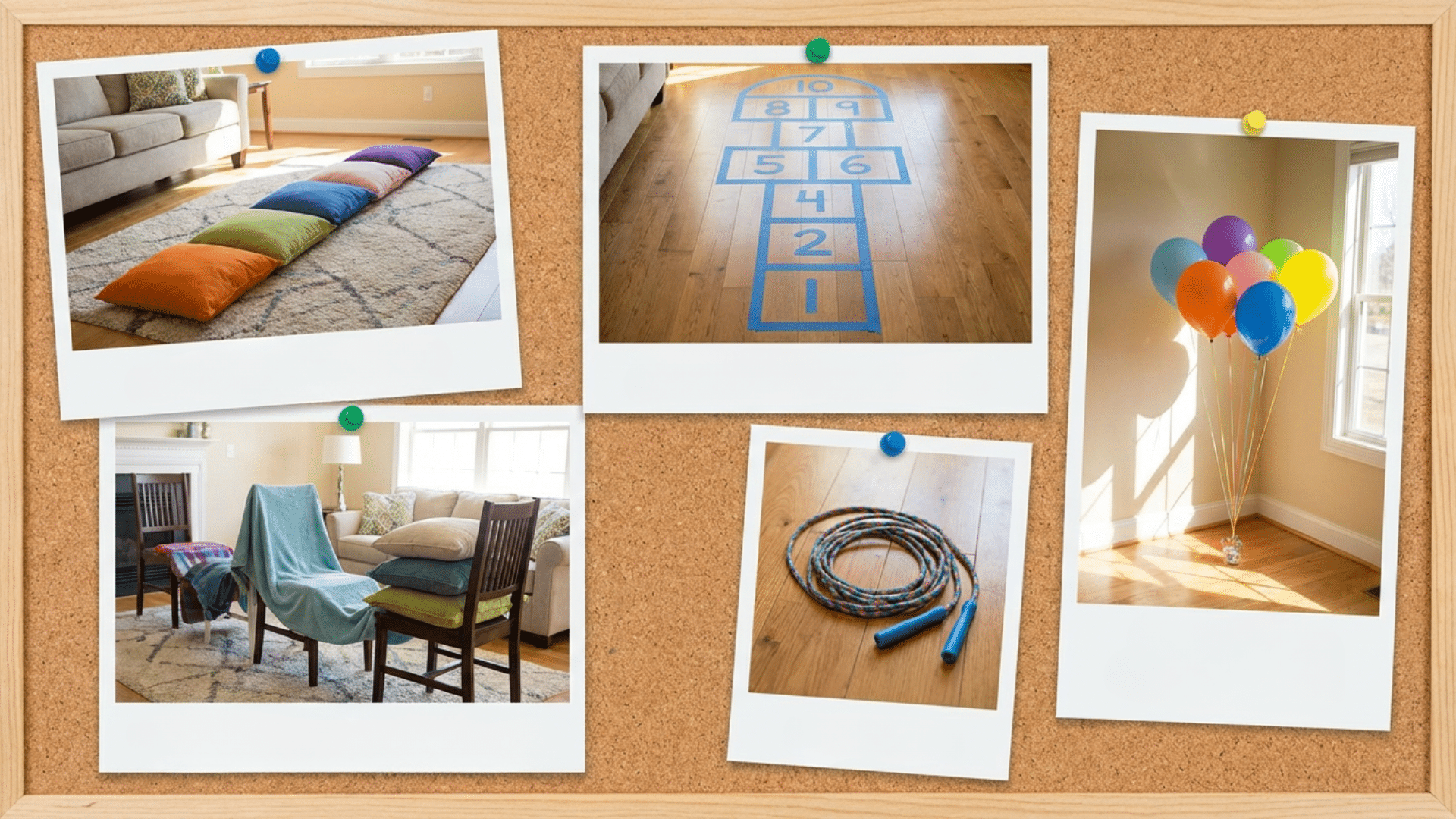 Indoor activity setups including hopscotch grid, obstacle course, pillows, and jump rope for kids