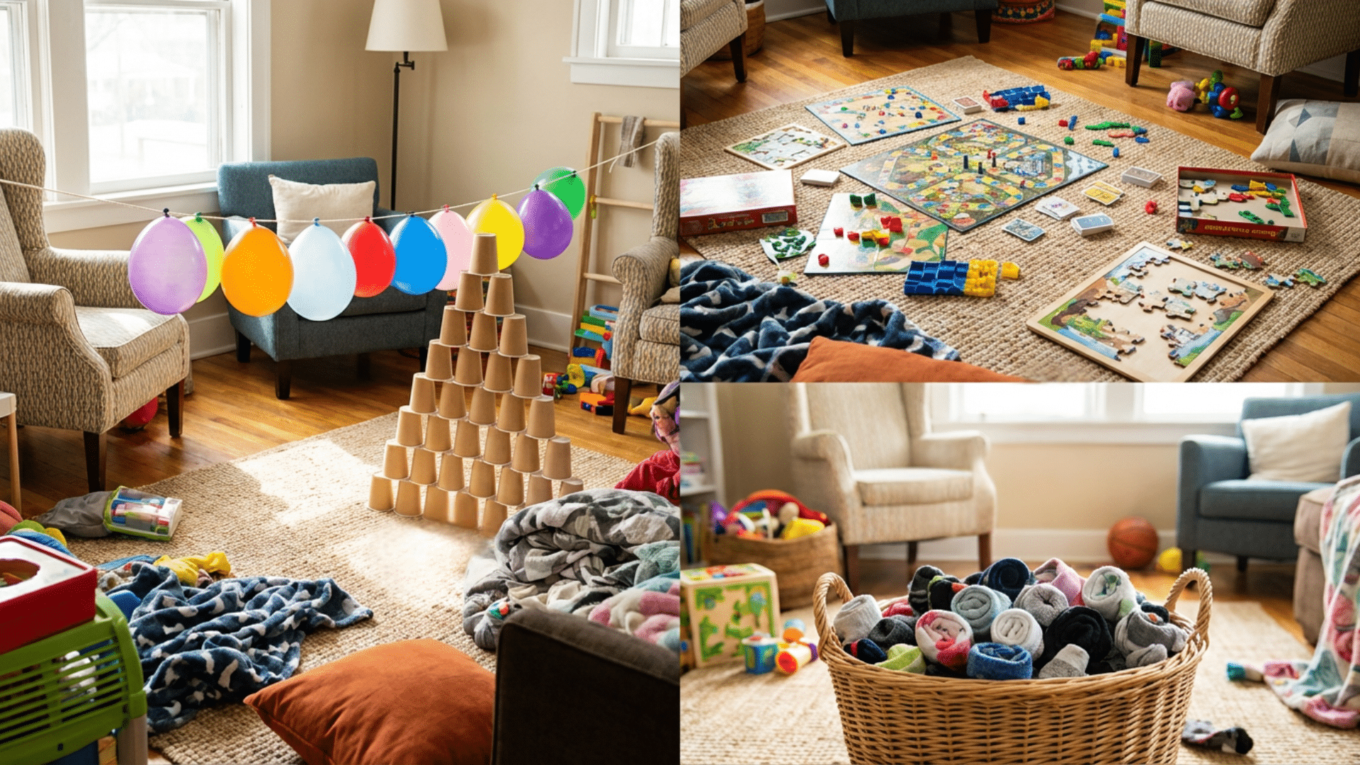 Indoor game setups including balloons, board games, puzzles, and cup stacking activities for kids