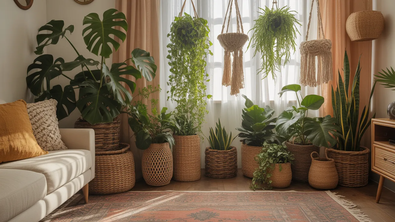 Indoor plants in woven baskets adding greenery and texture to a boho living room space