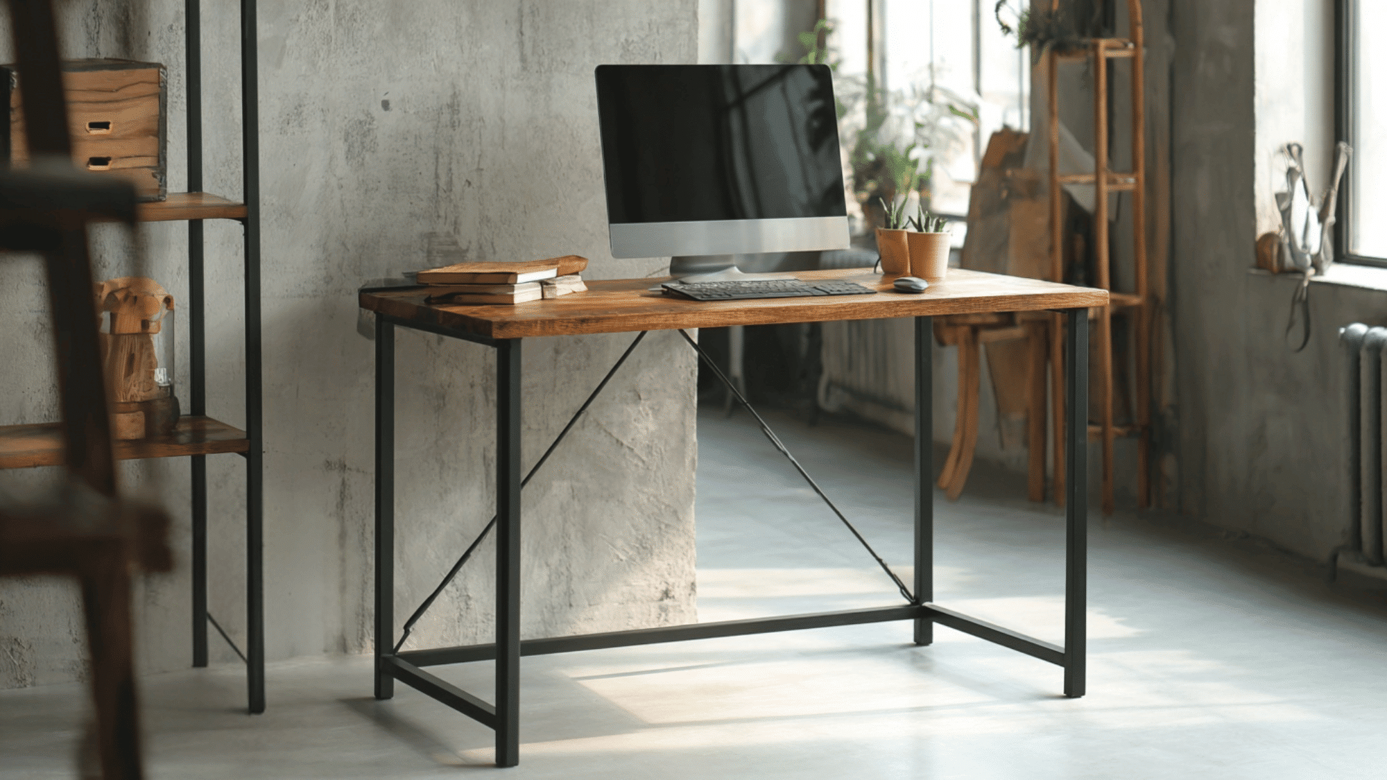Industrial home office with metal desk and wood surface