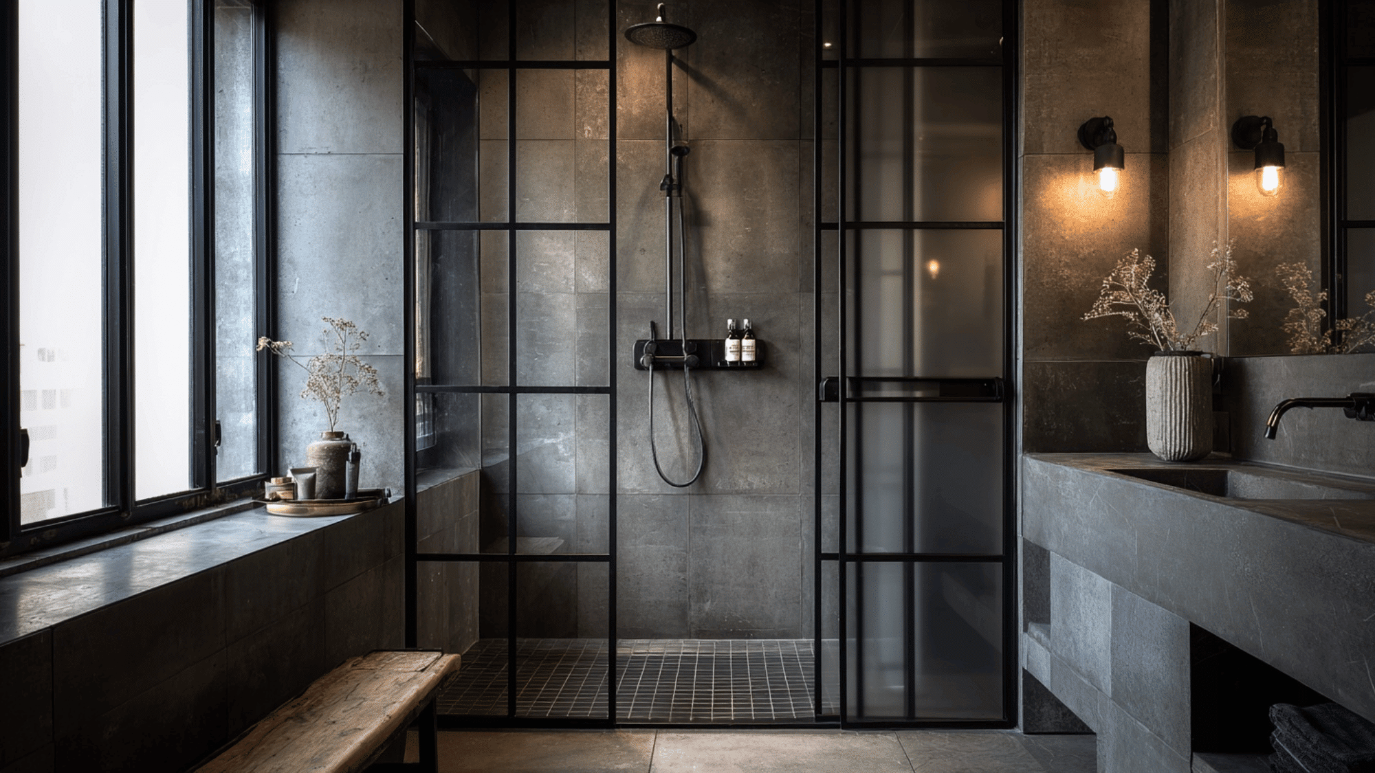 Industrial shower with black fixtures and modern gray tile design