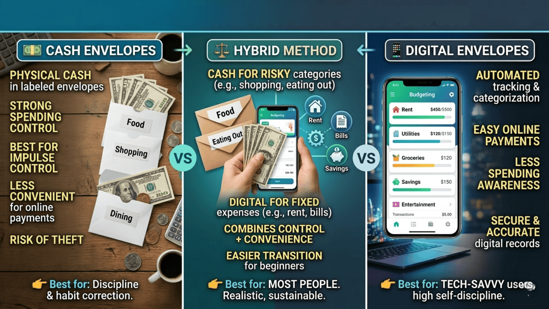 Infographic comparing cash vs digital envelope budgeting with a hybrid method, highlighting control, convenience, security, and best use cases