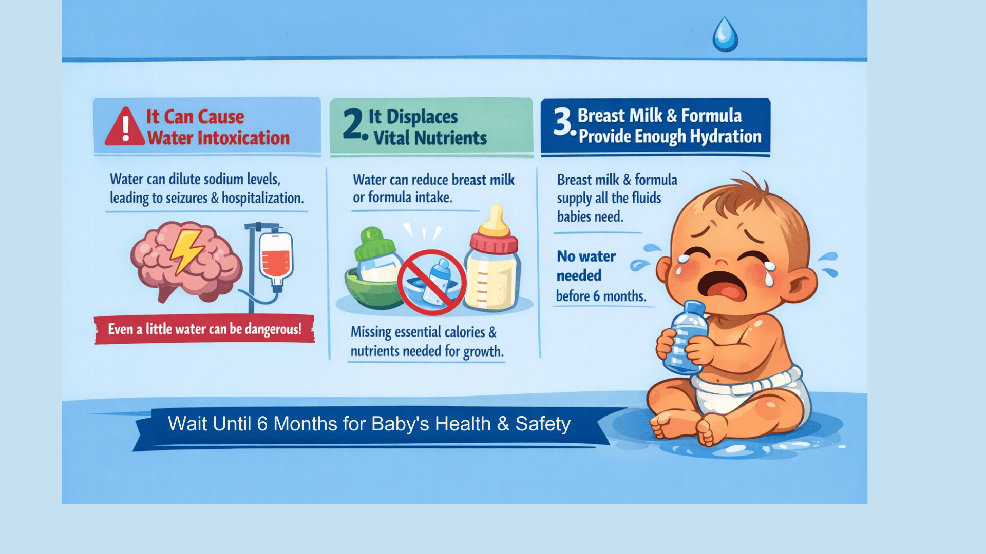 Infographic explaining why babies under six months should not have water, highlighting risks like intoxication, nutrient loss, and hydration needs