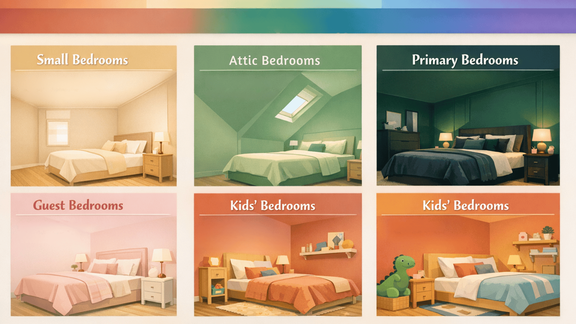 Infographic of color drenching bedroom ideas by room type, showing small, attic, primary, guest, and kids rooms in coordinated hues
