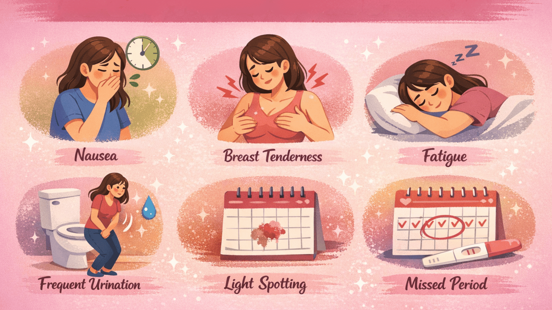 Infographic of early pregnancy symptoms with icons for nausea, breast tenderness, fatigue, frequent urination, light spotting, and missed period. (2)