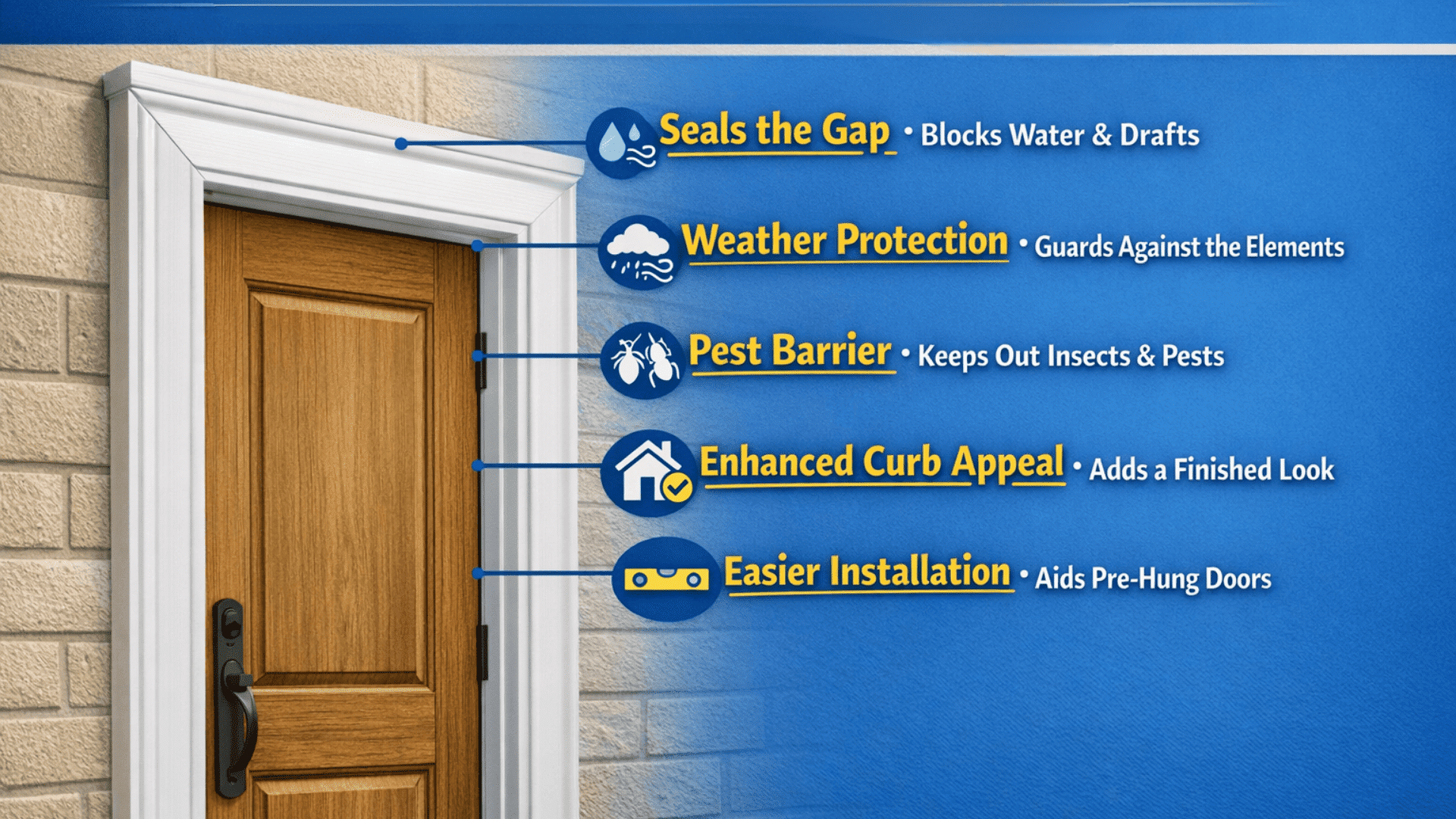 Infographic showing a door with labeled brickmold functions seals gaps, protects from weather, blocks pests, improves curb appeal, aids installation.