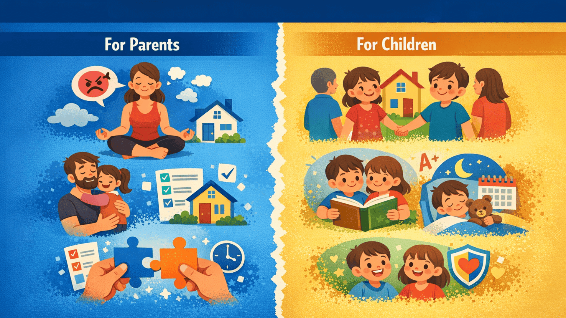 Infographic showing benefits of parallel parenting with parents on one side and children on the other, highlighting stability, reduced conflict, and wellbeing.