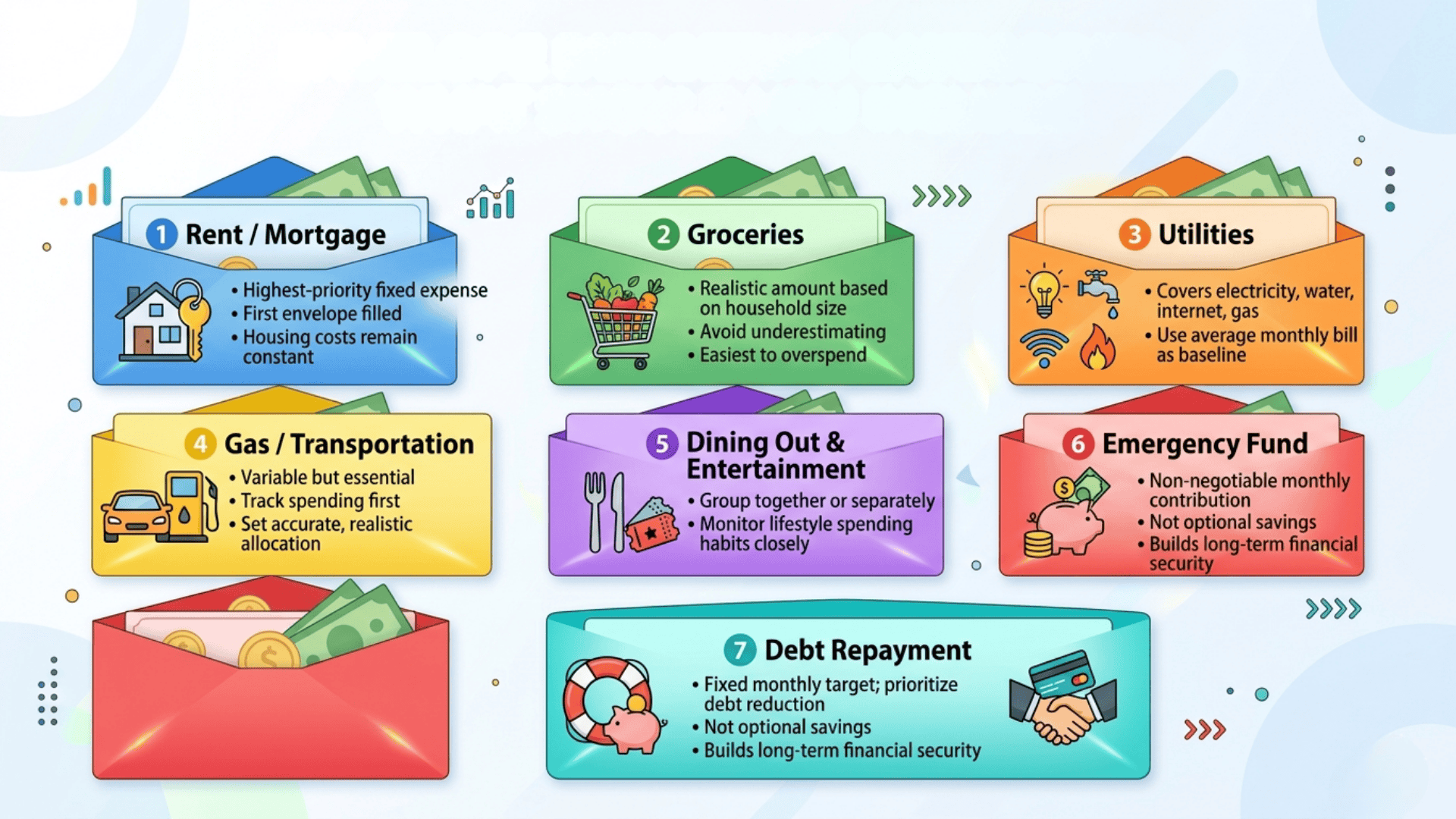 Infographic showing envelope budgeting categories rent, groceries, utilities, transport, dining, emergency fund, and debt repayment tips.