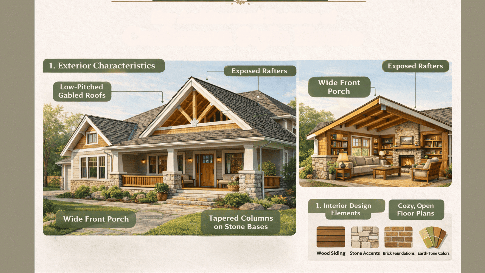 Infographic showing key architectural features of a Craftsman house including gabled roof, wide porch, exposed rafters, wood trim, and stone accents.
