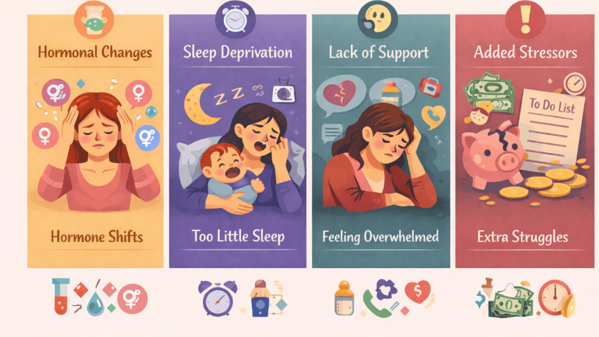 Infographic showing postpartum rage causes hormonal changes, sleep deprivation, lack of support, added stress illustrated panels.