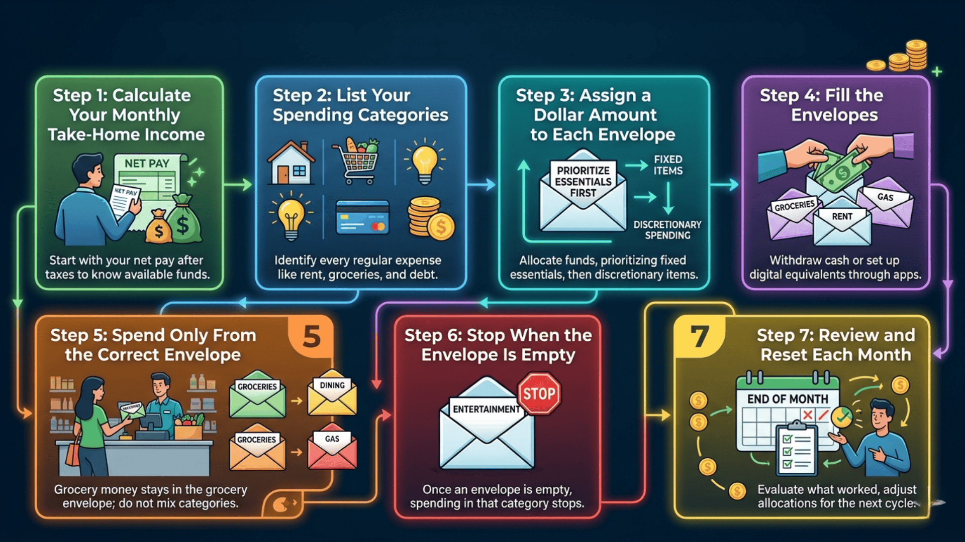 Infographic's core purpose and the detailed breakdown of the budgeting method into seven clear steps
