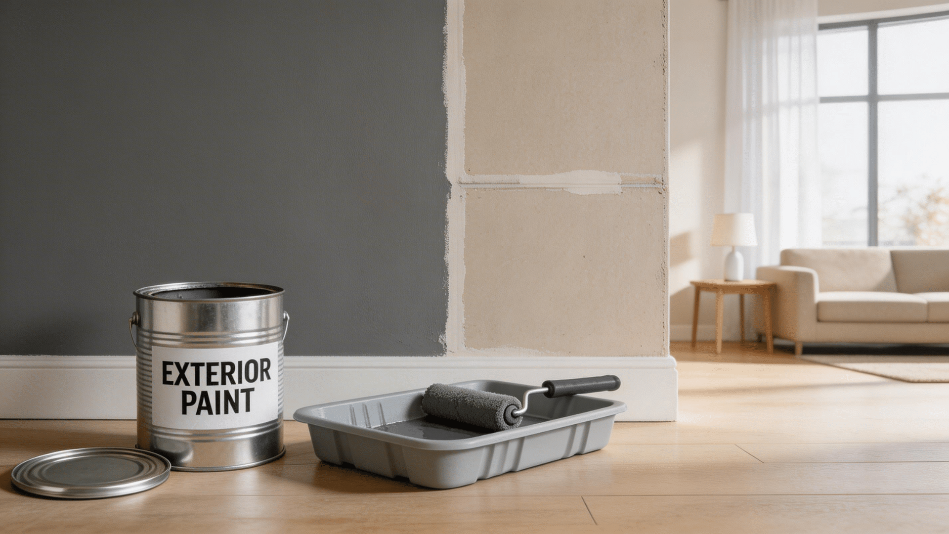 Interior wall painted with exterior paint showing indoor application in closed space