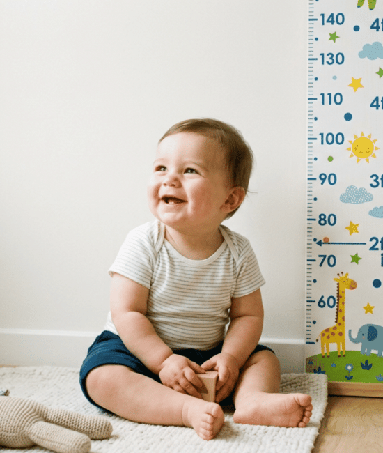 Joyful baby sitting next to a vertical growth spurt chart mounted on a light-colored wall.