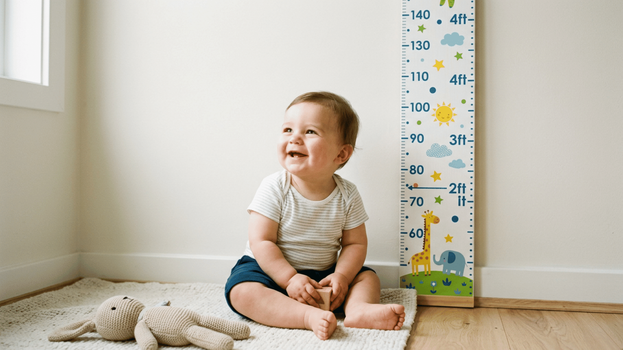 Joyful baby sitting next to a vertical growth spurt chart mounted on a light-colored wall.