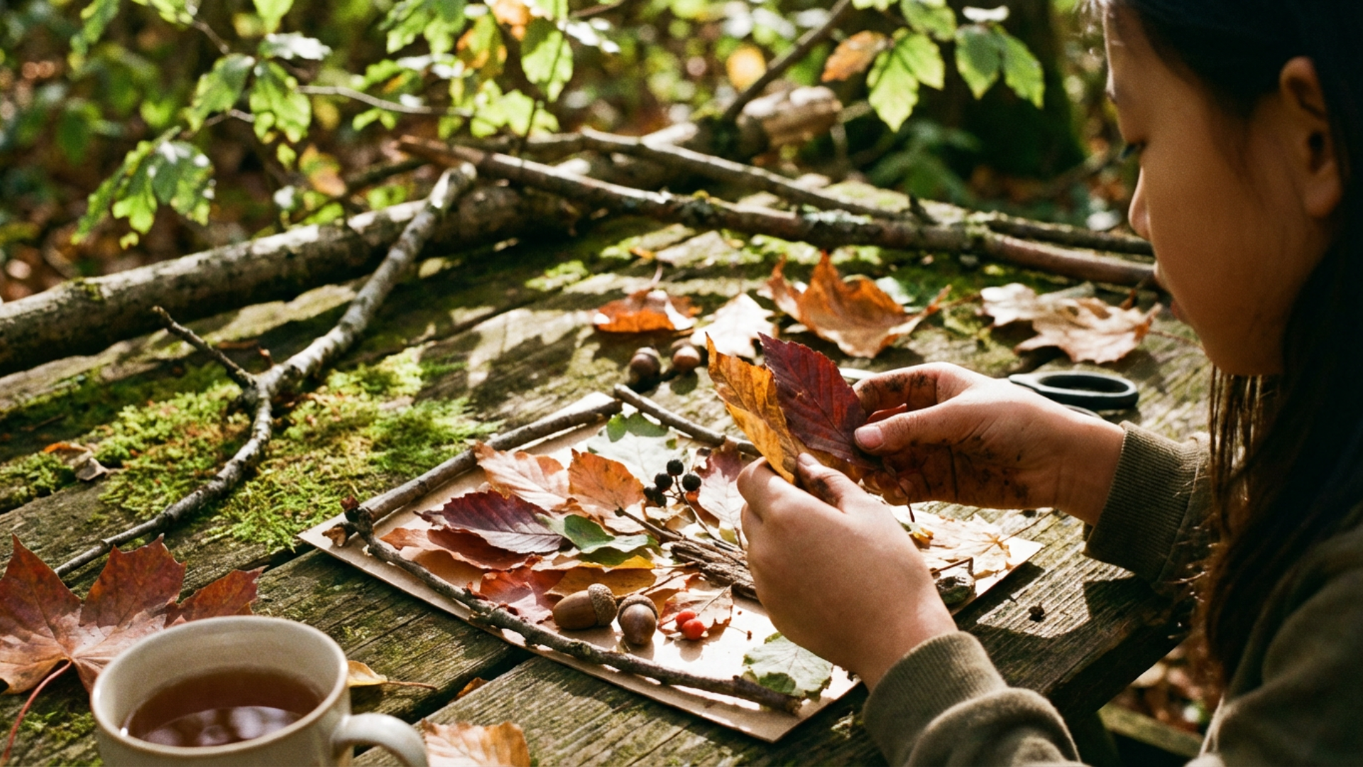 Kid making nature crafts using leaves, flowers, and sticks outdoors
