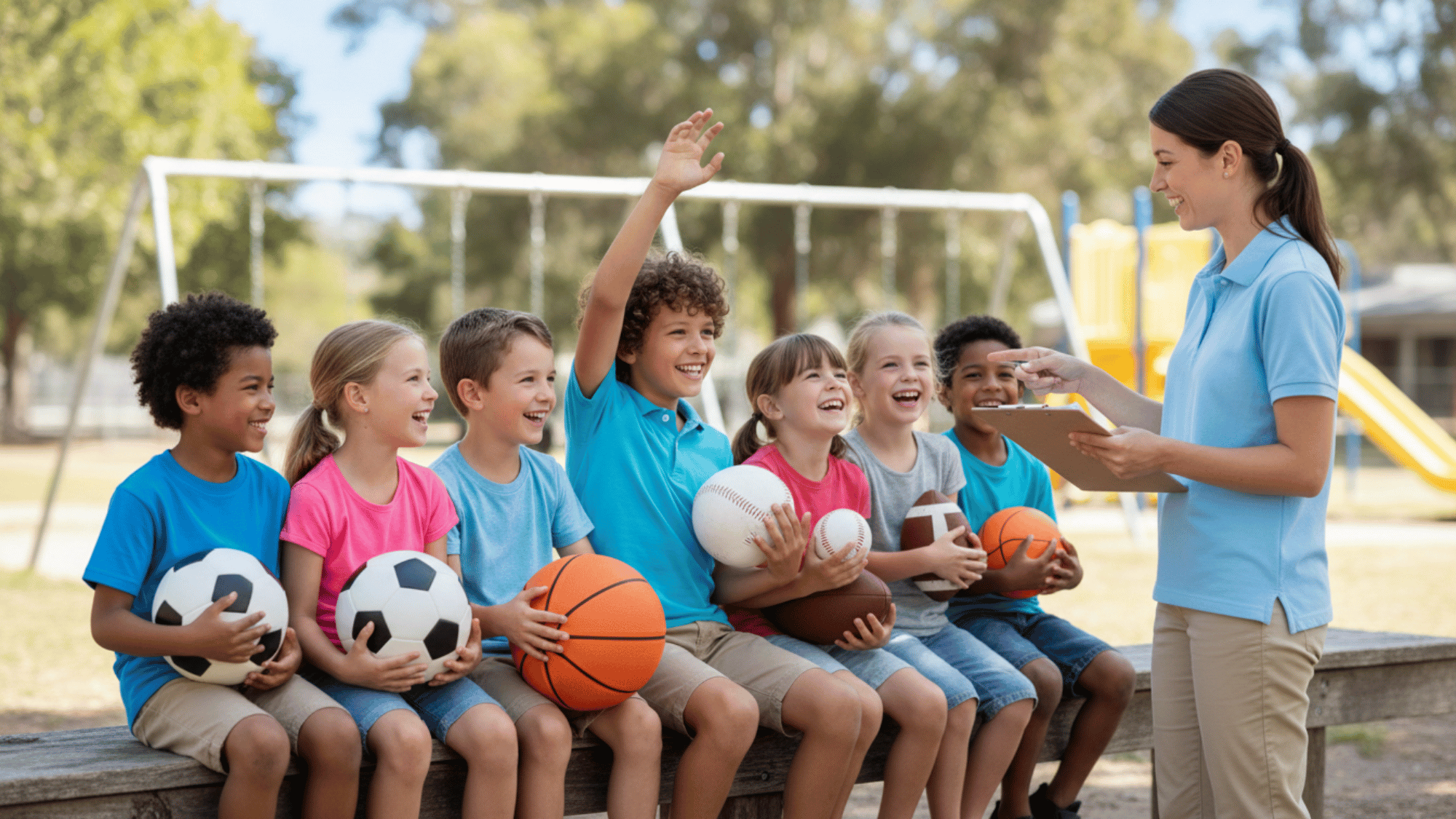 _Kids answering easy sports trivia while holding soccer, basketball, and baseball equipment.