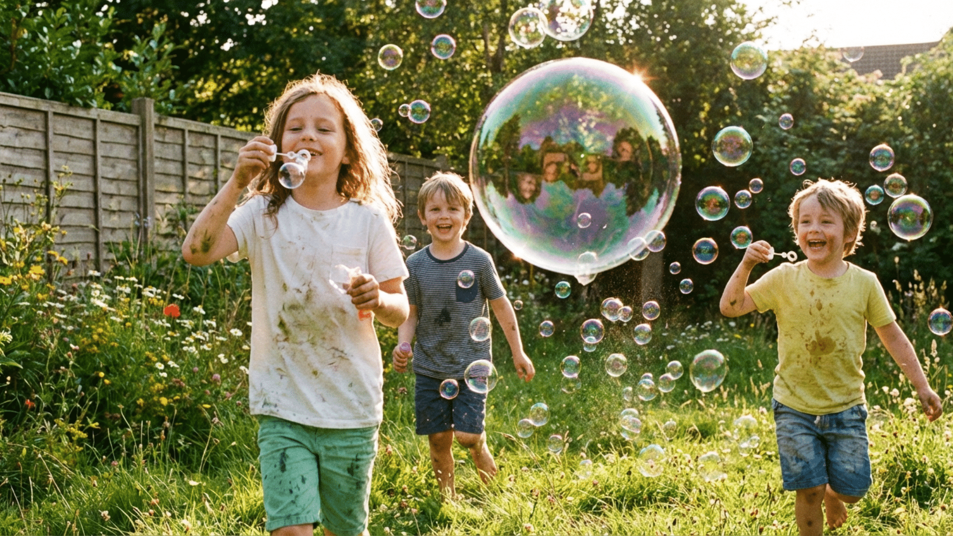 Kids blowing bubbles outdoors using homemade bubble solution