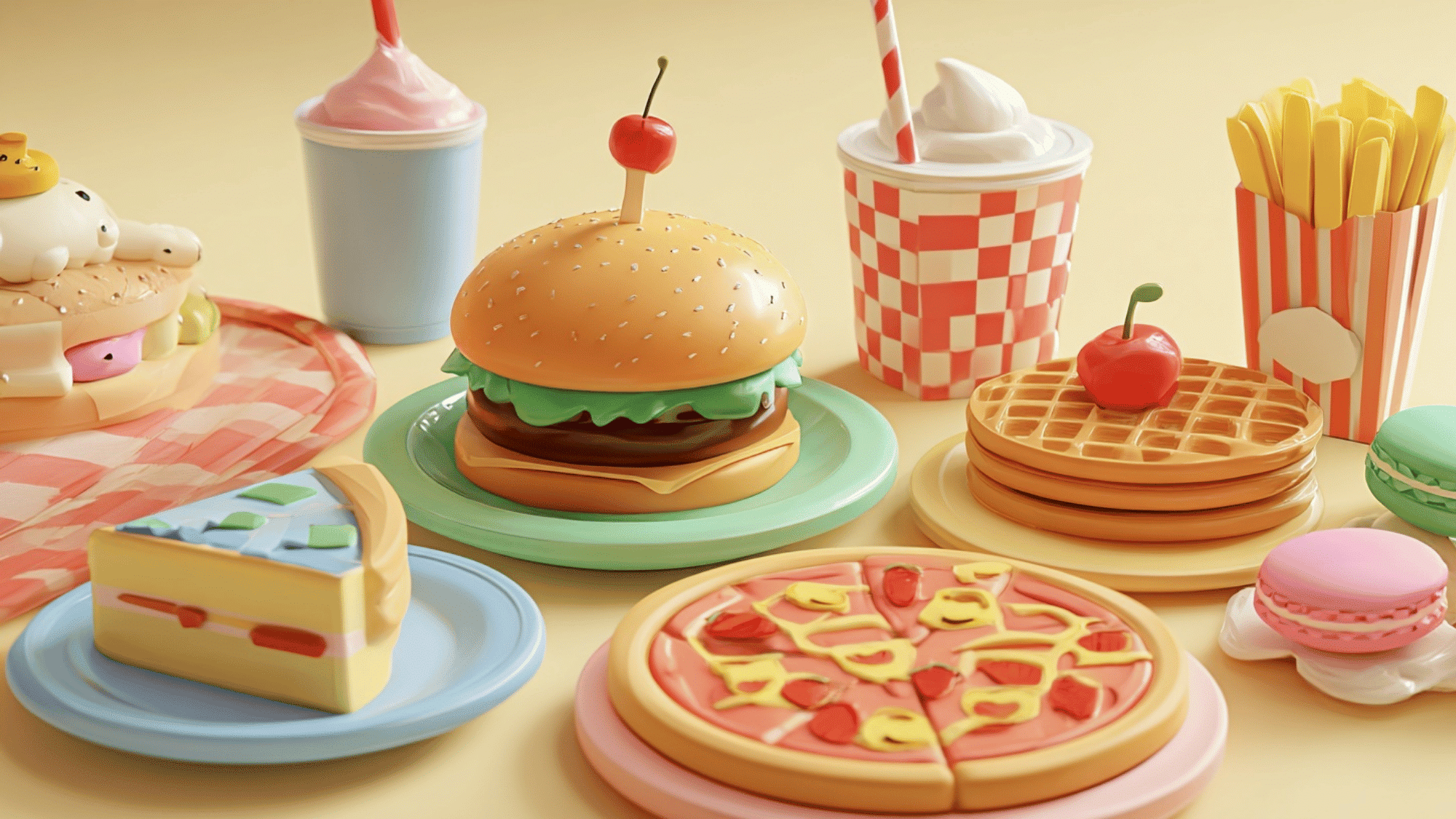 Kids choosing between fun foods like pizza, cupcakes, fries, and waffles