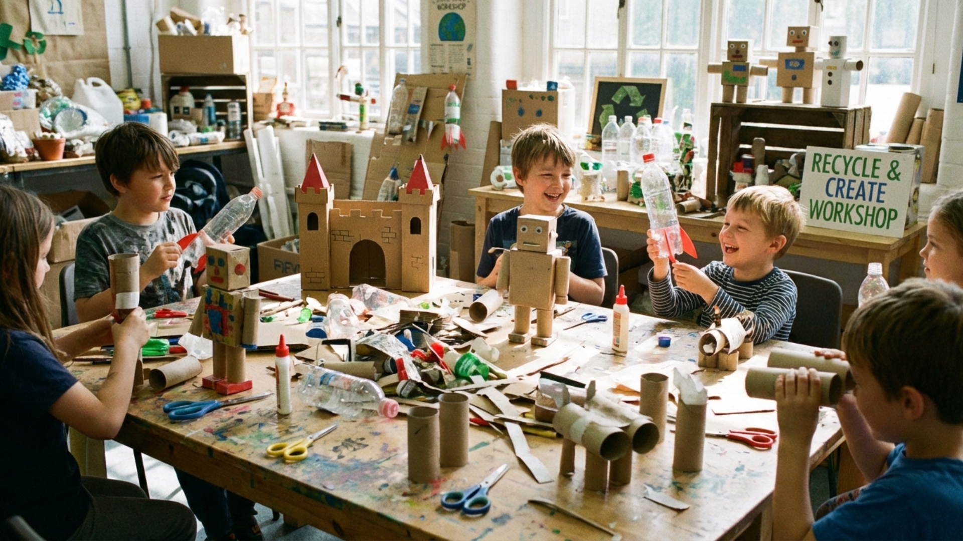 Kids creating DIY crafts using recycled materials like bottles and cardboard