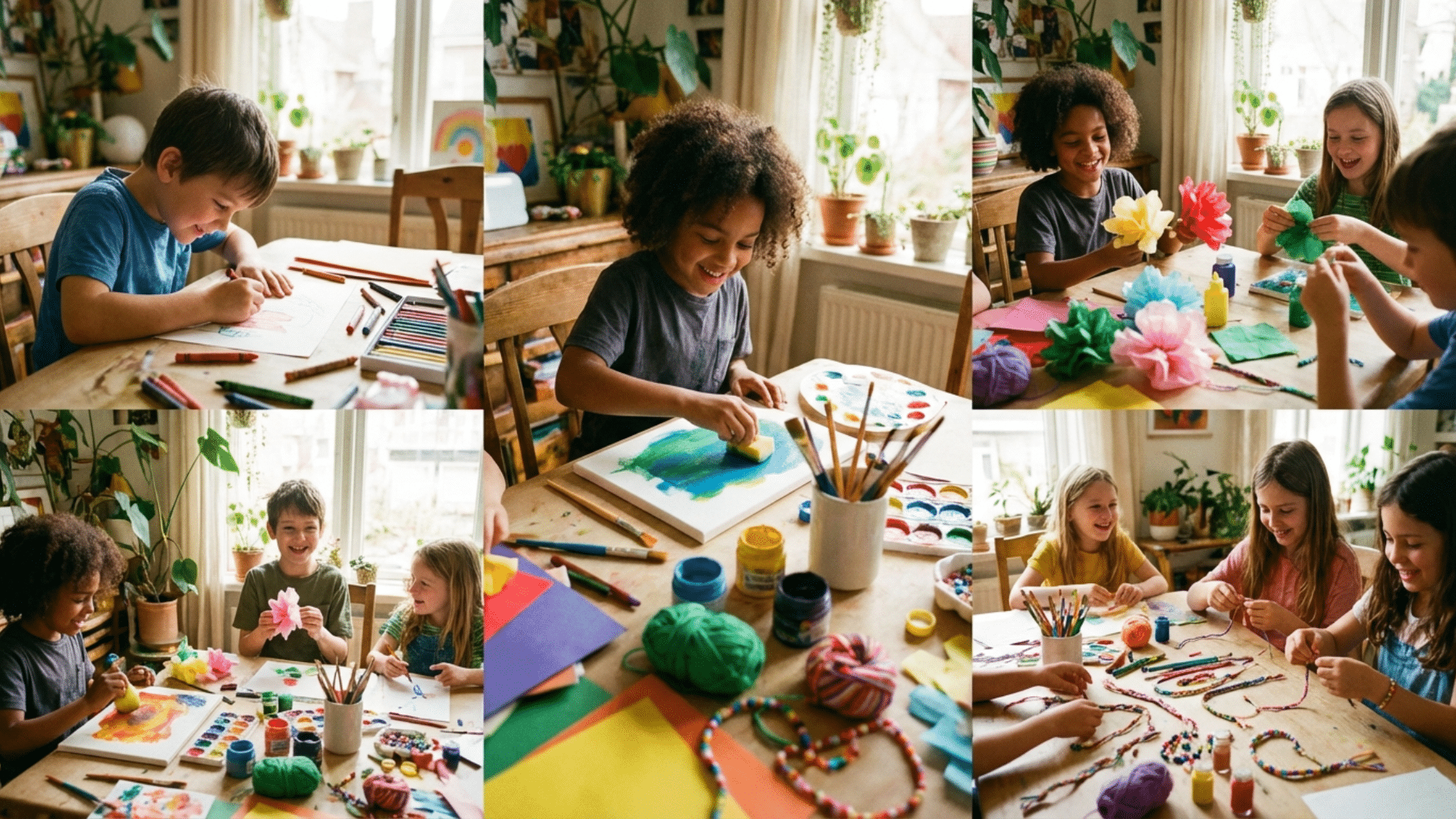 Kids doing art and craft activities at home including drawing, painting, and making paper crafts