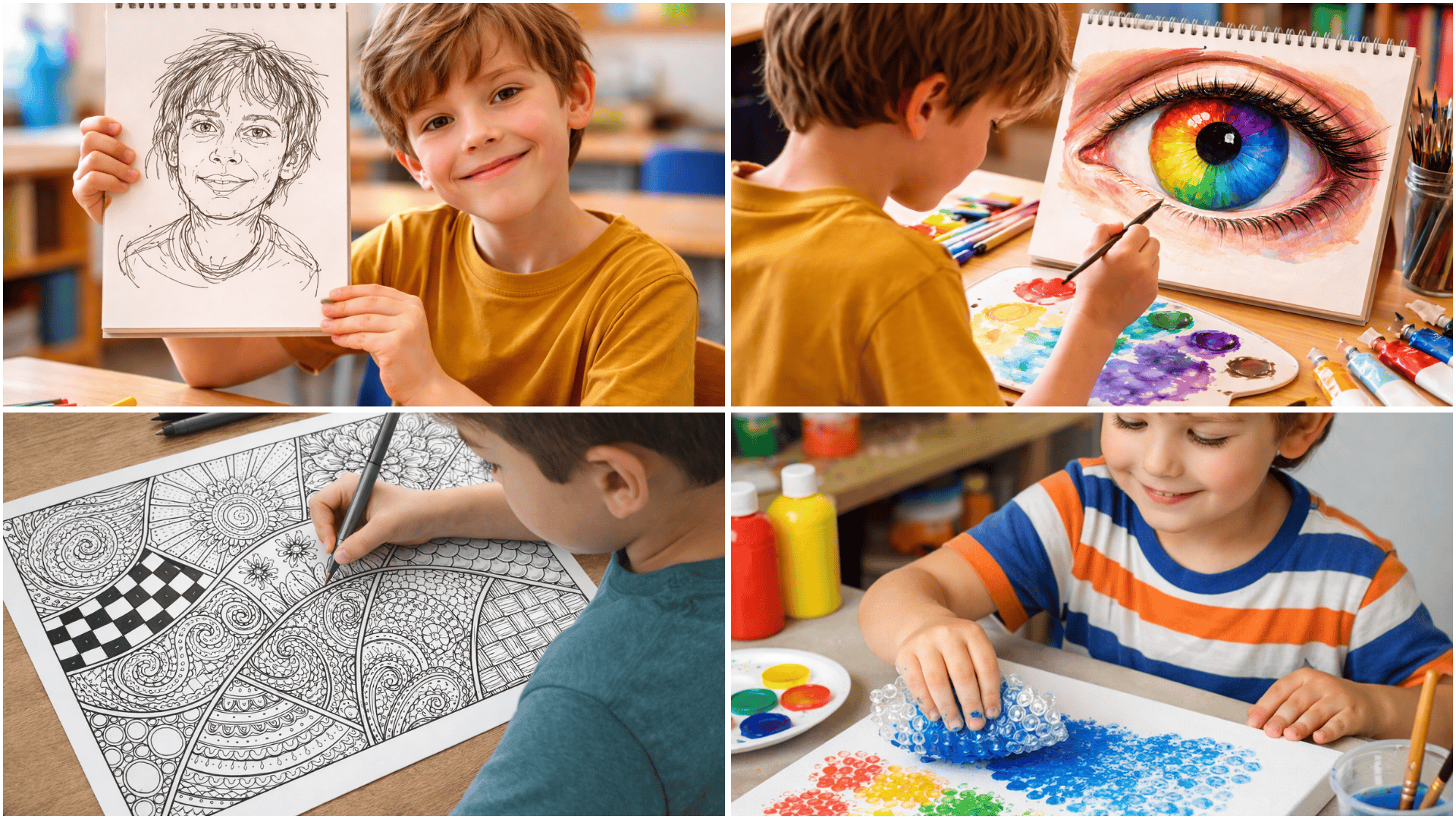 Kids doing art projects blind contour portrait, painting a color wheel eye, intricate pattern drawing, and bubble wrap print.