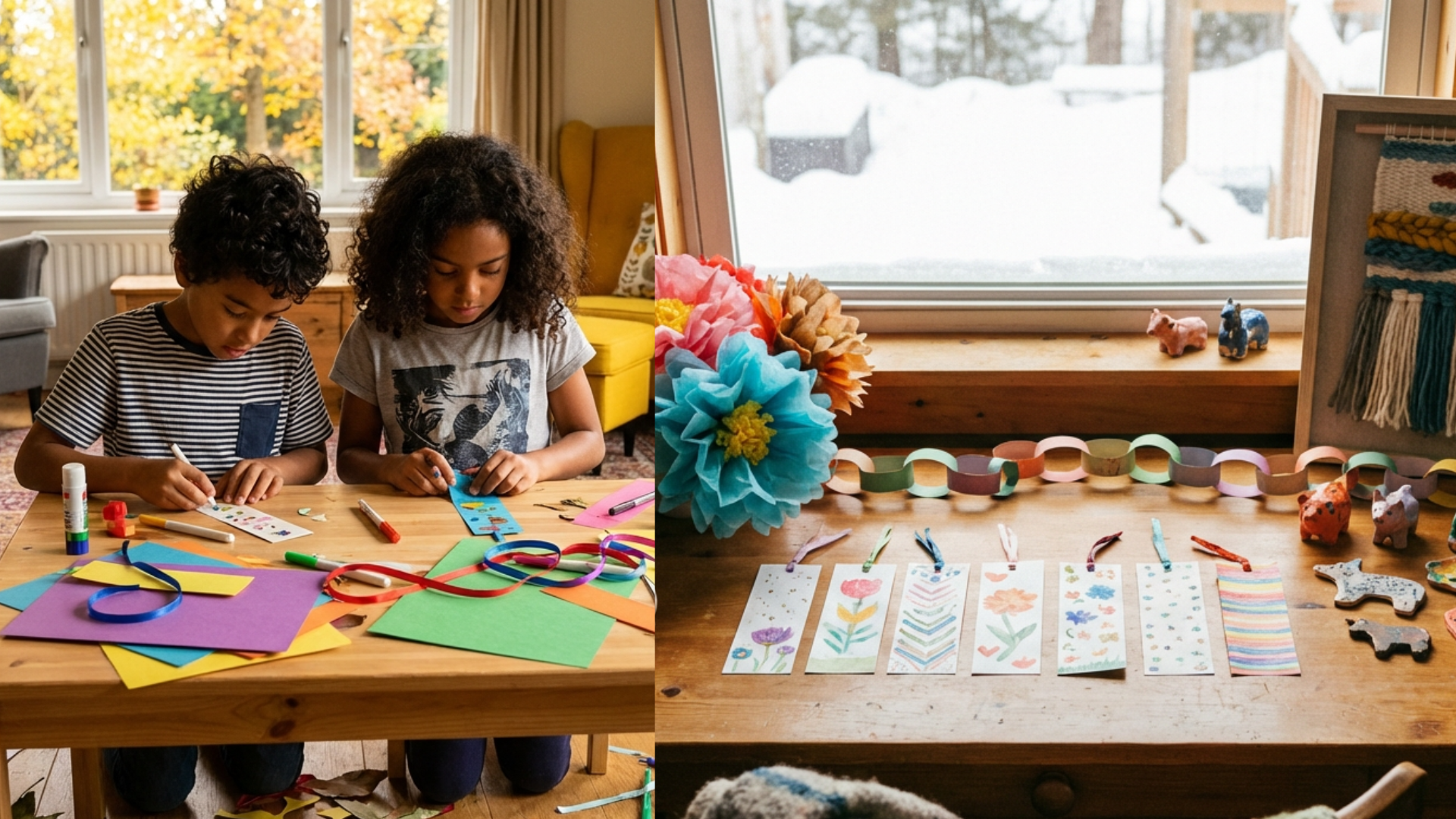 Kids doing indoor summer crafts like paper chains and bookmarks at a table