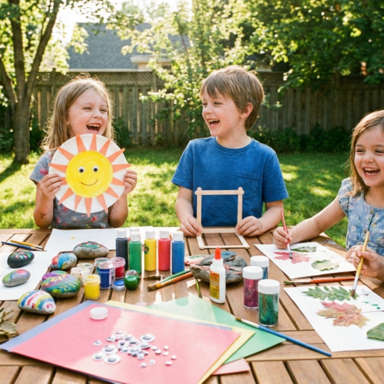 Kids enjoying summer crafts at home and outdoors with colorful DIY projects and materials