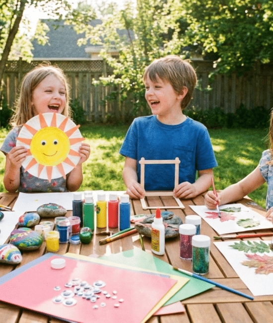 Kids enjoying summer crafts at home and outdoors with colorful DIY projects and materials