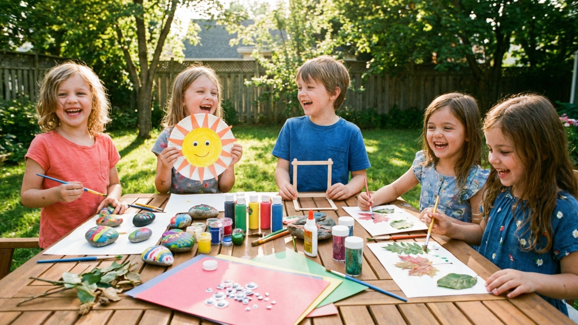 Kids enjoying summer crafts at home and outdoors with colorful DIY projects and materials