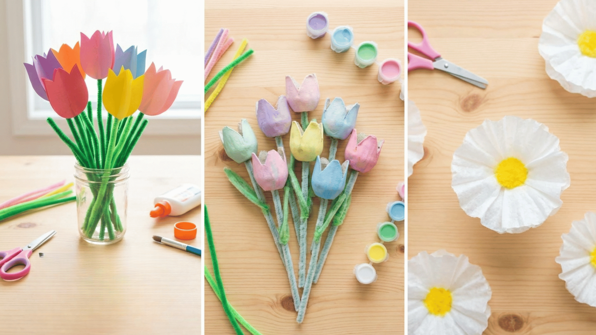 Kids flower crafts with paper tulips, egg carton flowers, and coffee filter daisies