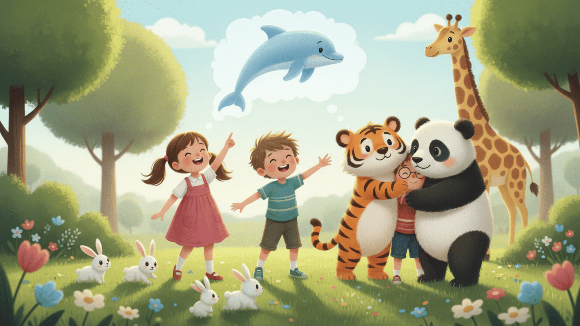Kids imagining fun animal choices with pandas, dolphins, giraffes, and bunnies