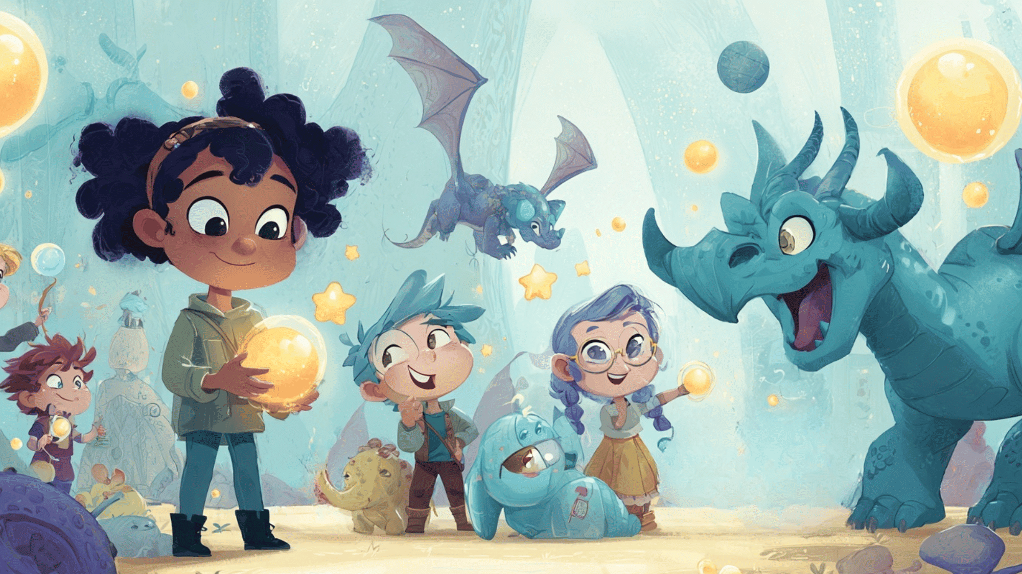 Kids imagining magic powers, dragons, and superhero adventures in a bright fantasy scene.
