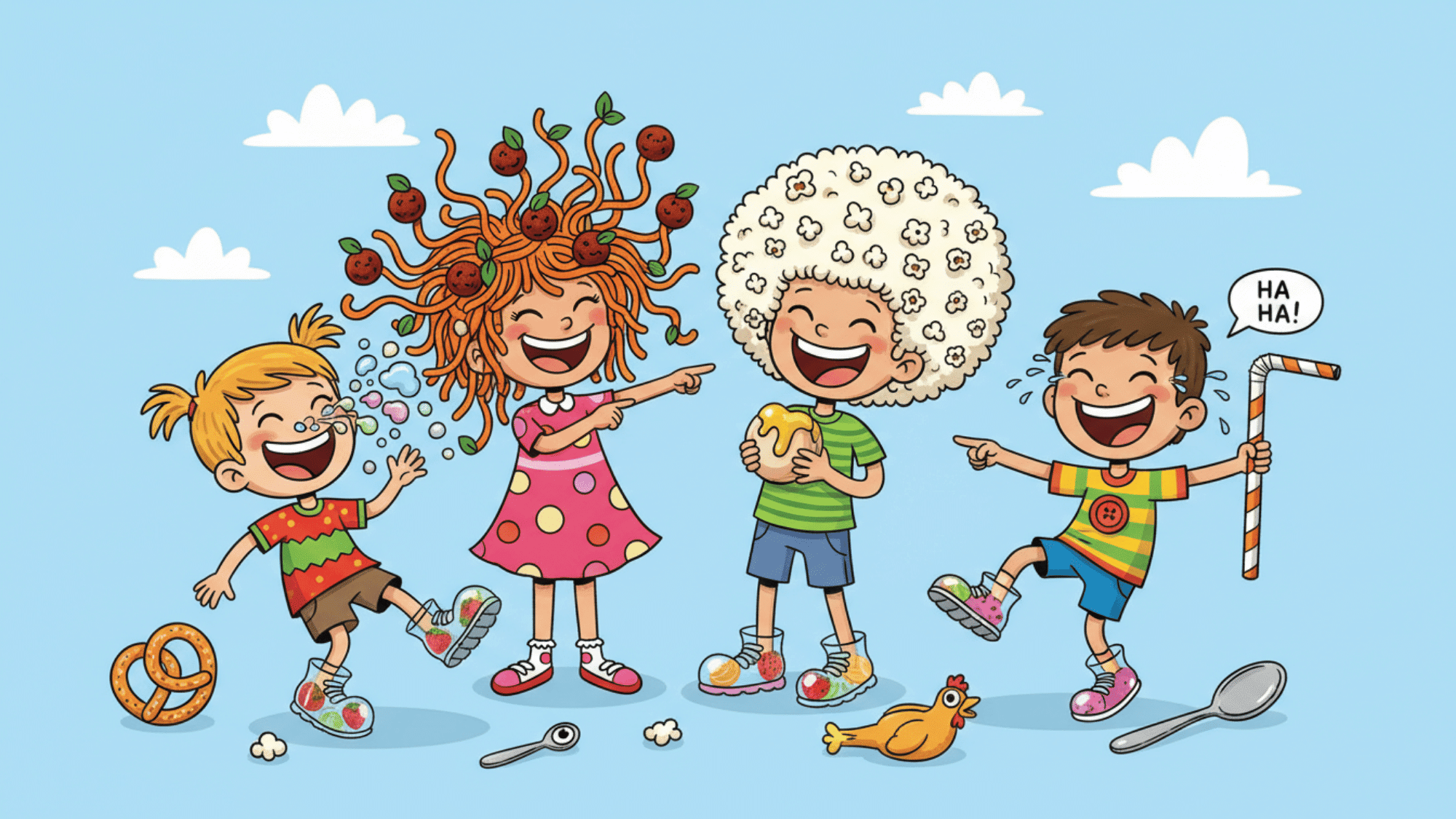 Kids laughing at silly and gross would you rather choices in a funny cartoon scene