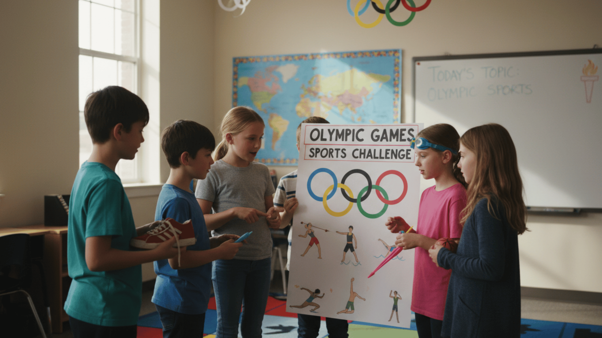 Kids learning Olympic sports trivia with Olympic rings poster and sports props.