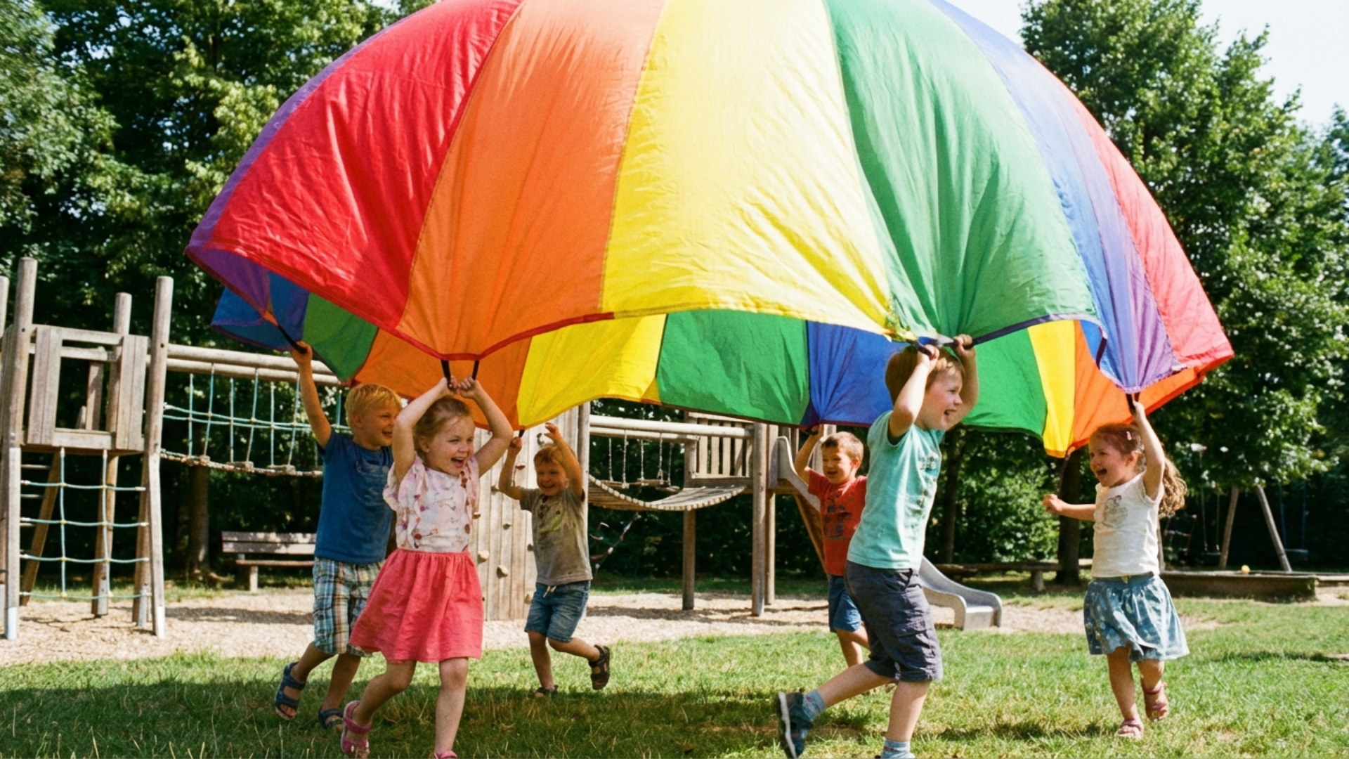 Kids lifting a rainbow parachute to form a bubble dome during a creative parachute game