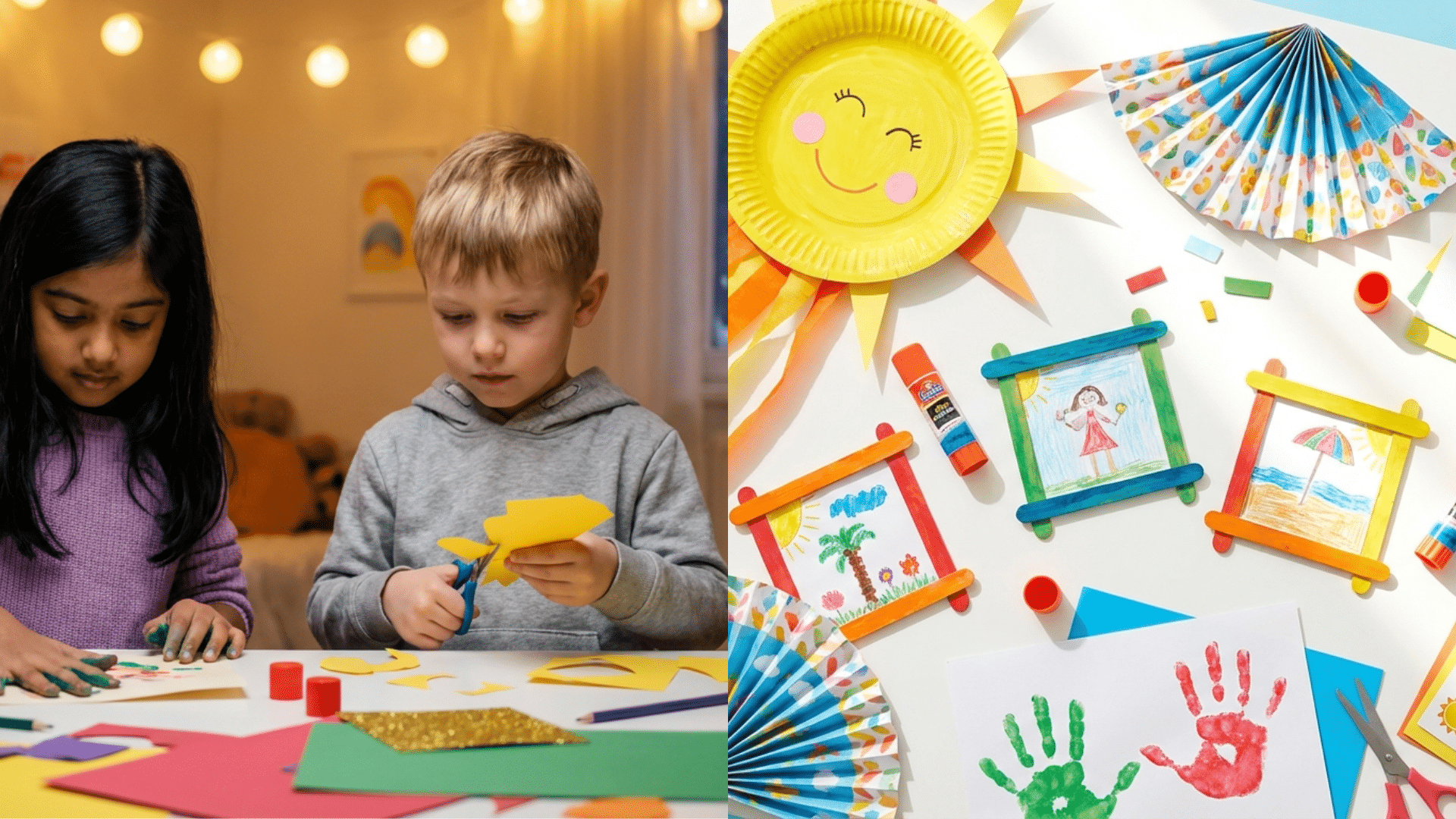 Kids making easy summer crafts with paper plates, paint, and popsicle sticks at home