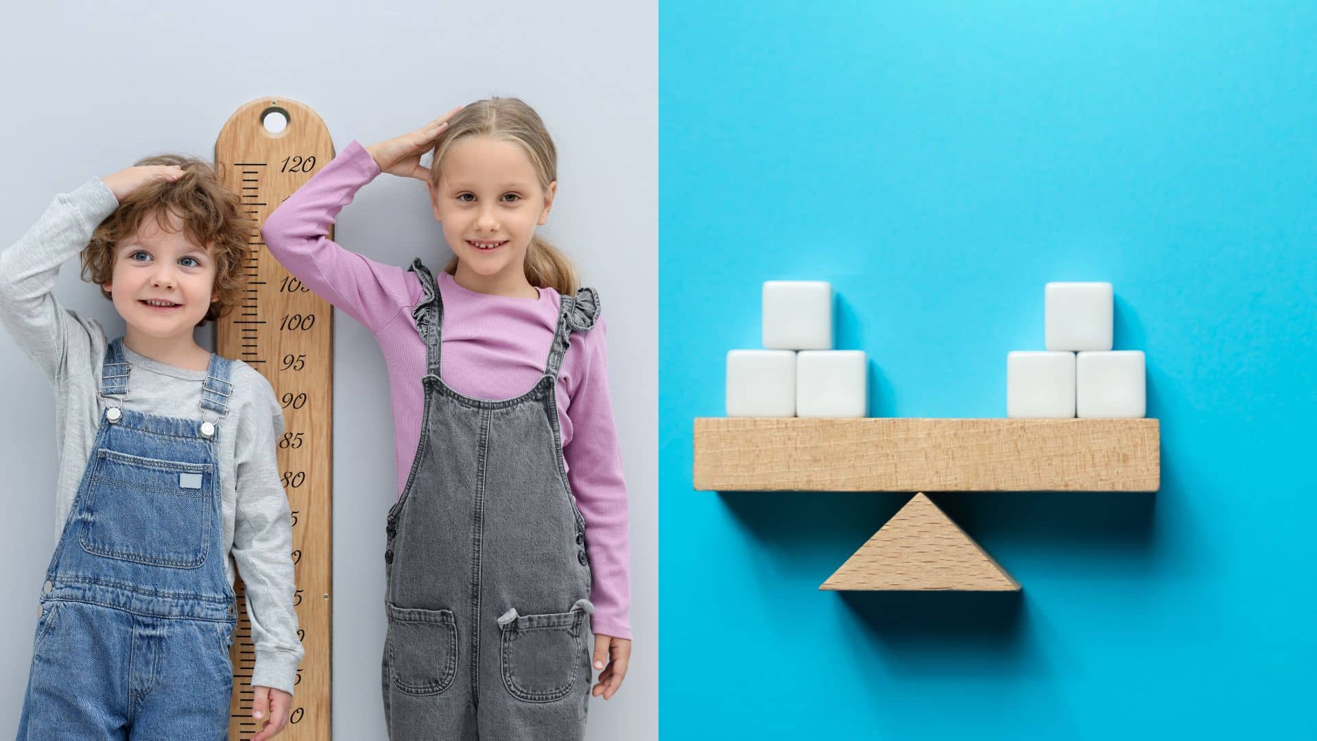 Kids measuring height beside ruler and wooden balance blocks illustrating counting and comparison in preschool math