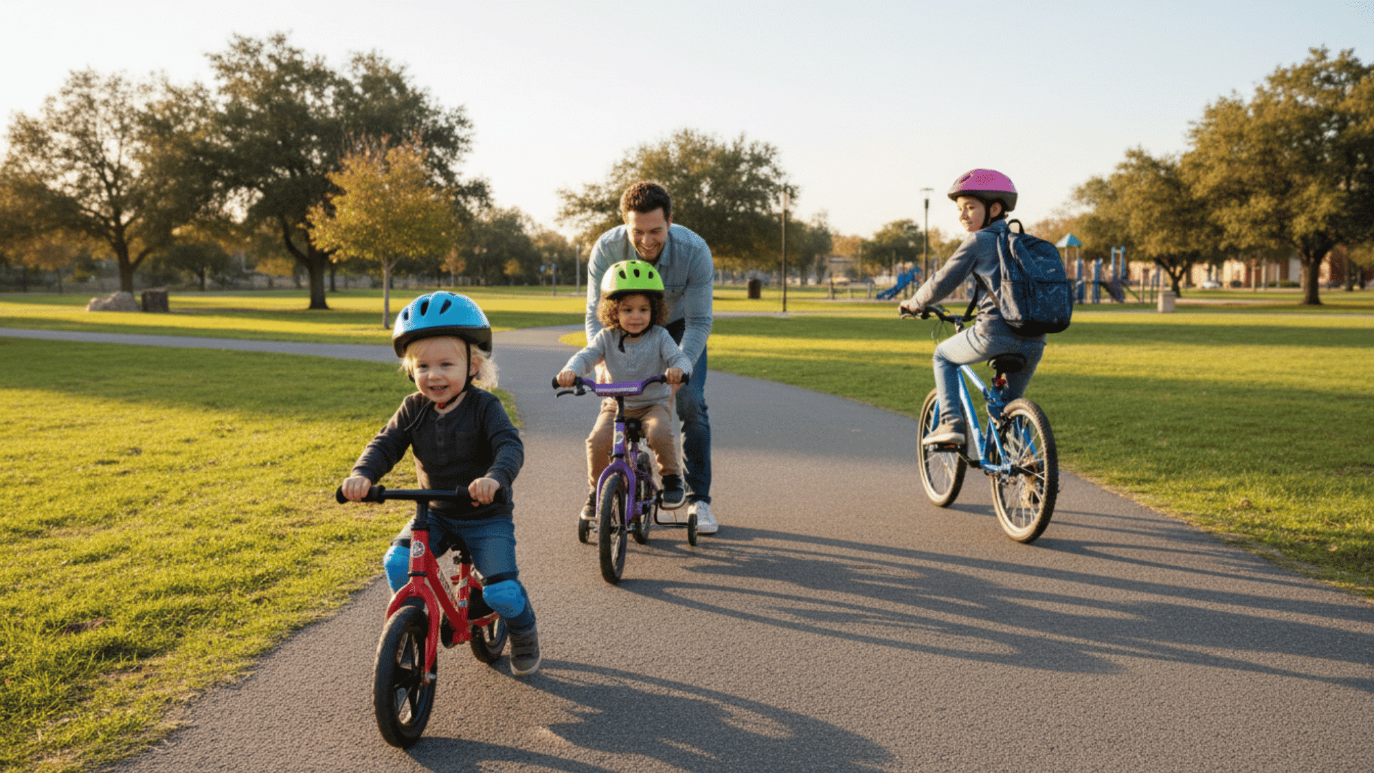 Kids of different ages learning to ride bikes together in a park.