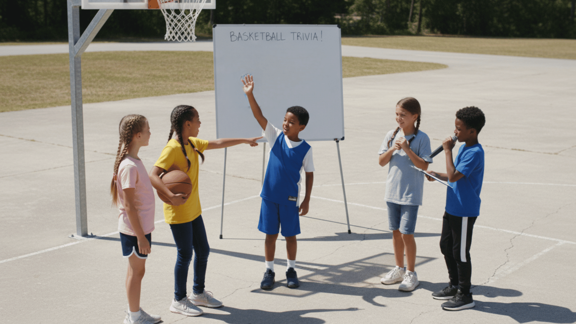 Kids on a basketball court answering basketball trivia with a hoop and ball nearby.