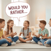 Kids playing a fun would you rather game with colorful thought bubbles and big smiles