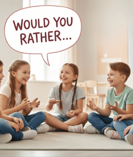 Kids playing a fun would you rather game with colorful thought bubbles and big smiles