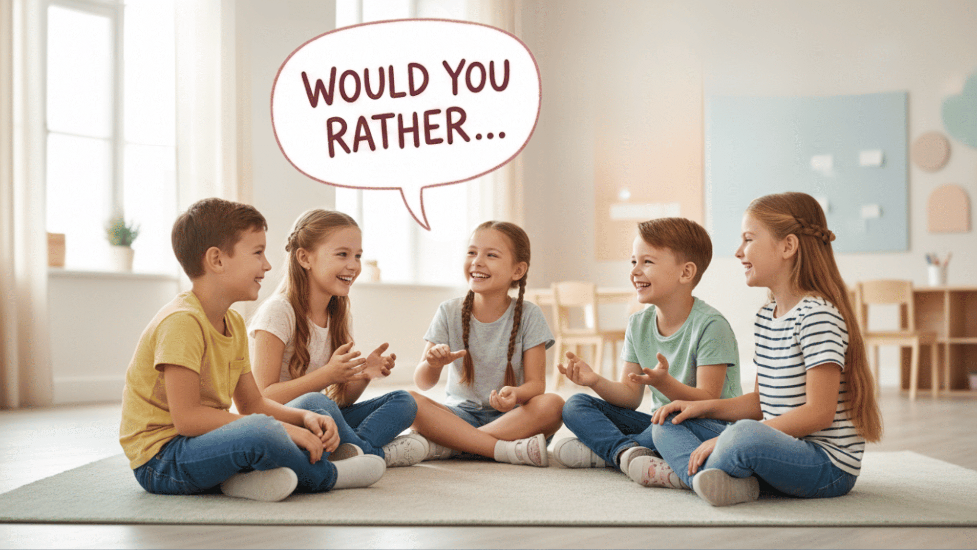 Kids playing a fun would you rather game with colorful thought bubbles and big smiles