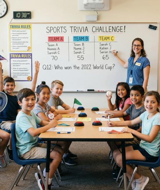 Kids playing a sports trivia game while a teacher tracks scores on a classroom board.