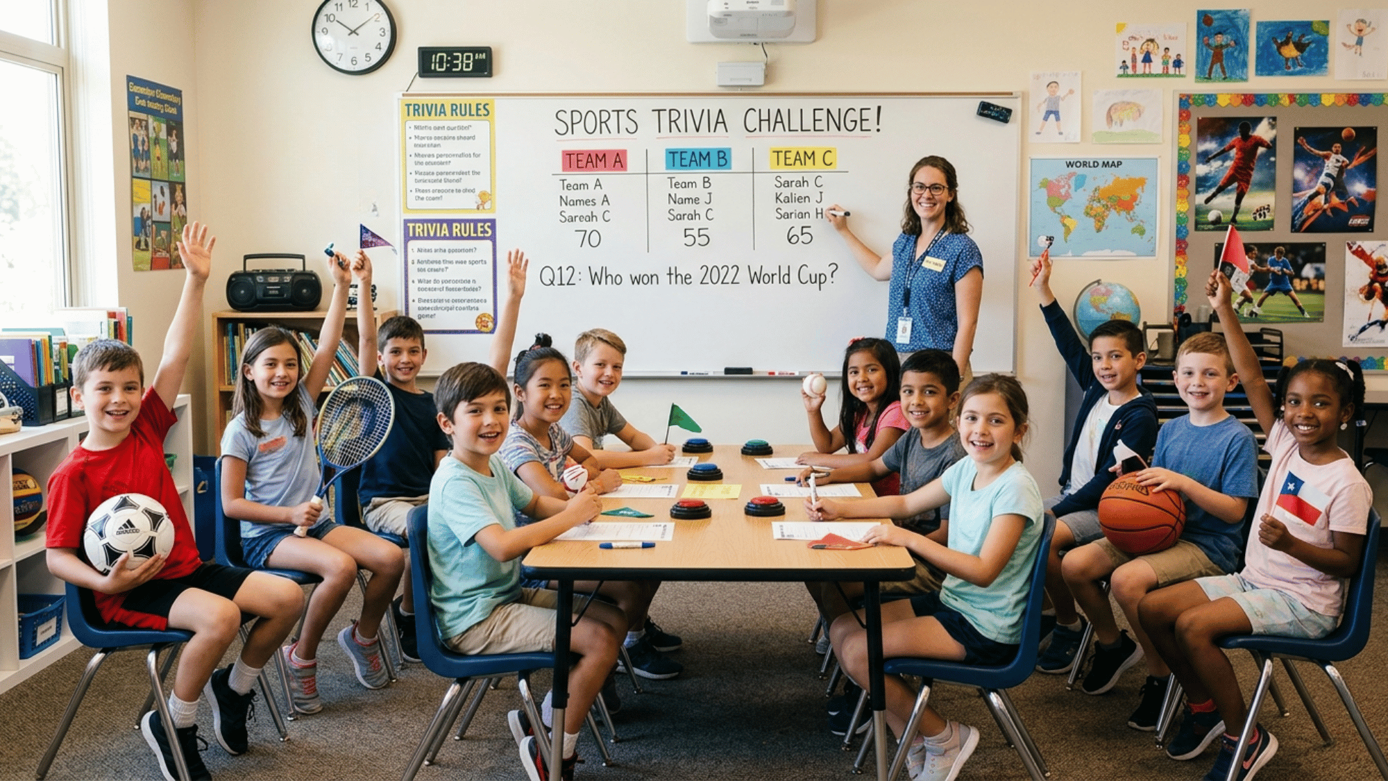 Kids playing a sports trivia game while a teacher tracks scores on a classroom board.