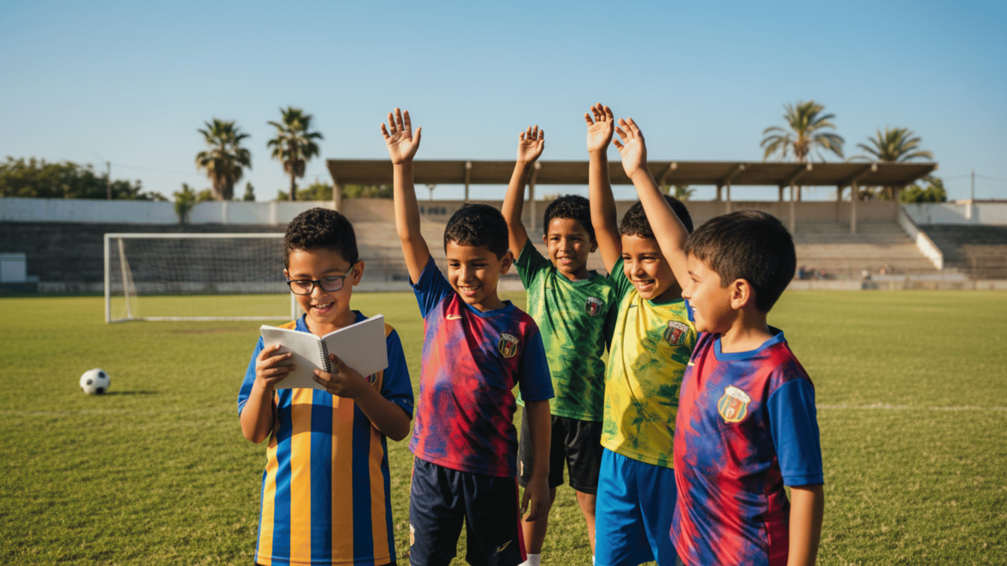Kids playing soccer while answering fun soccer trivia questions on a grassy field.