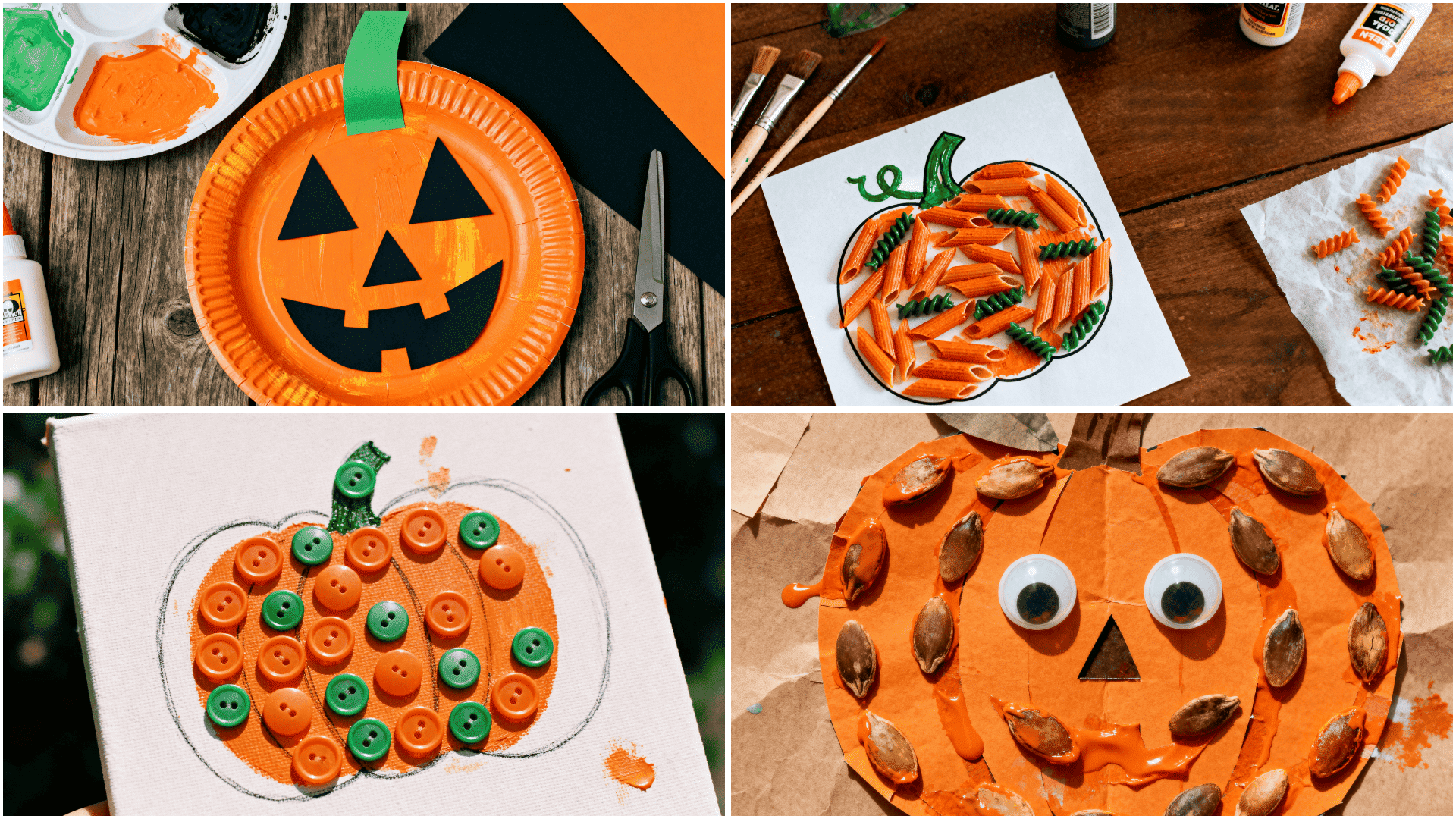 Kids pumpkin crafts collage showing paper plate jack-o-lantern, pasta pumpkin collage, button pumpkin canvas, and pumpkin seed jack-o-lantern craft.